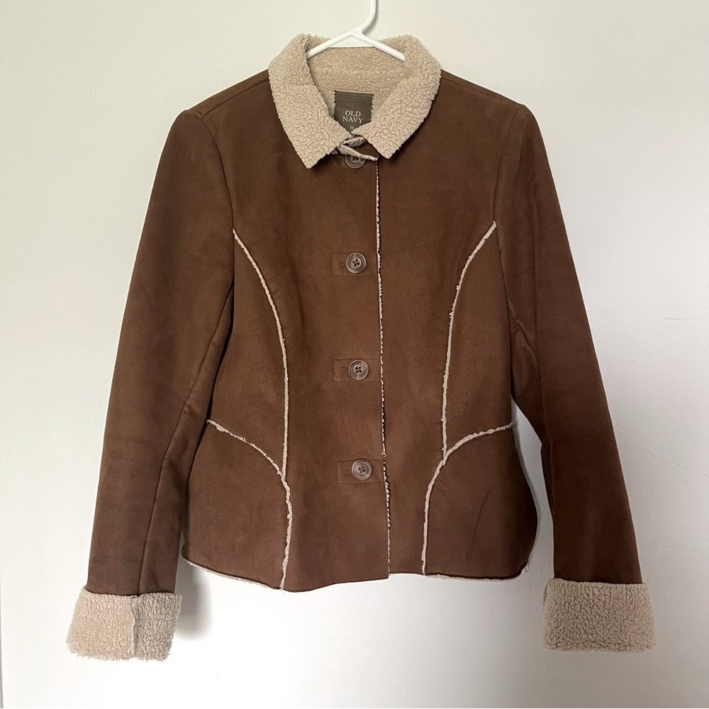 Old Navy Womens Medium Jacket Faux Suede Sherpa Brown Penny Lane